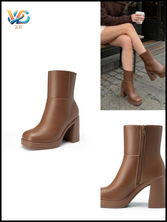 Shoes - Platform Ankle Boots Chunky Heel Square Toe Booties Side Zipper Non-Slip
